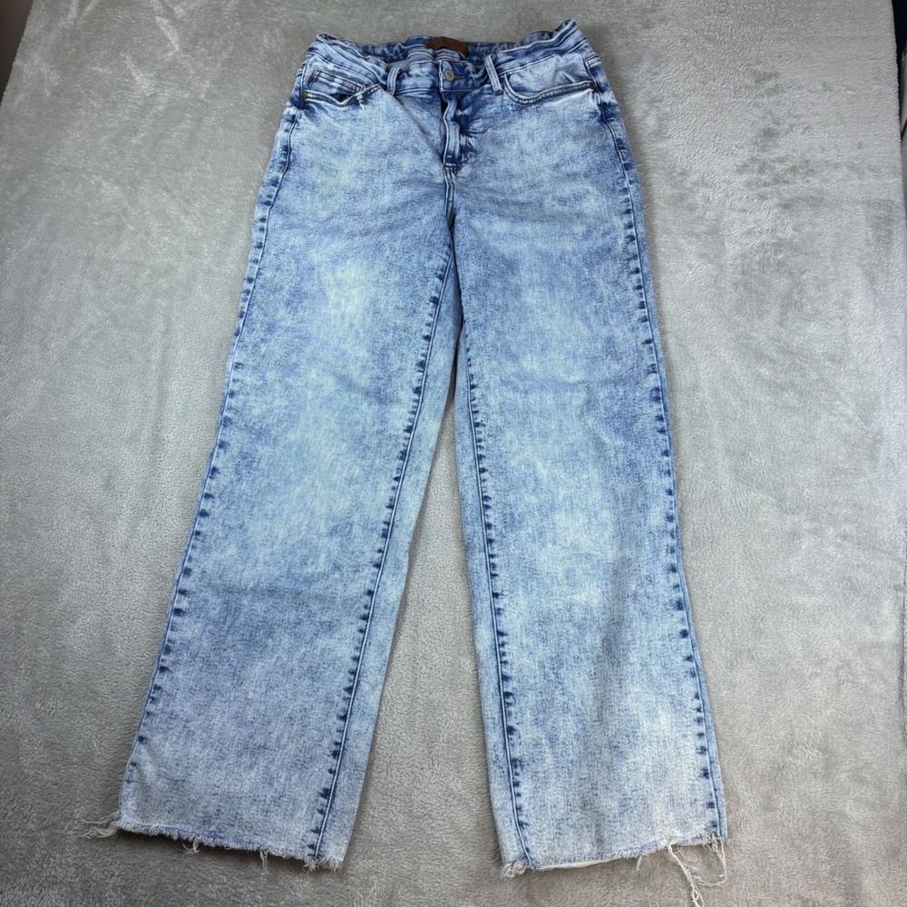 Judy Blue Jeansโ Women 14W (Fits 32x30) Wide Leg Acid Wash Blue Stretch Fray Hem